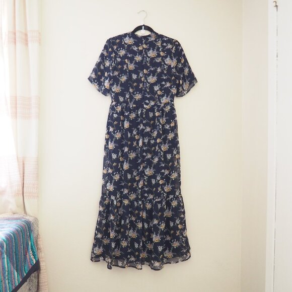 Roolee Mom Navy Blue Floral Short Sleeve Modest Nursing Maxi Dress sz S - Picture 6 of 7